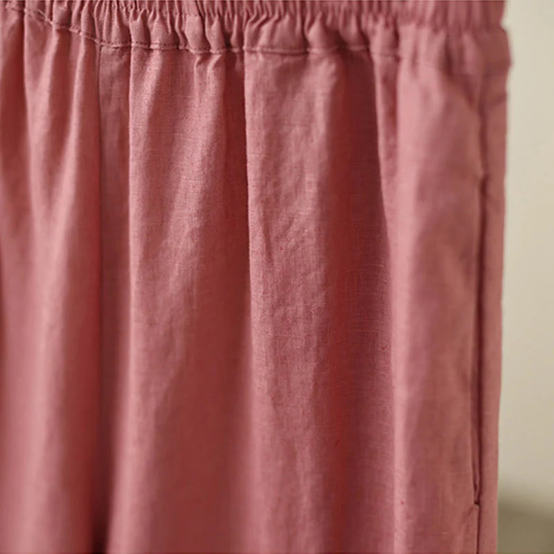 Buddha Stones Commute Retro Plain Lace Patchwork Design 7-8 Length Women's Wide Leg Cotton Pants With Pockets