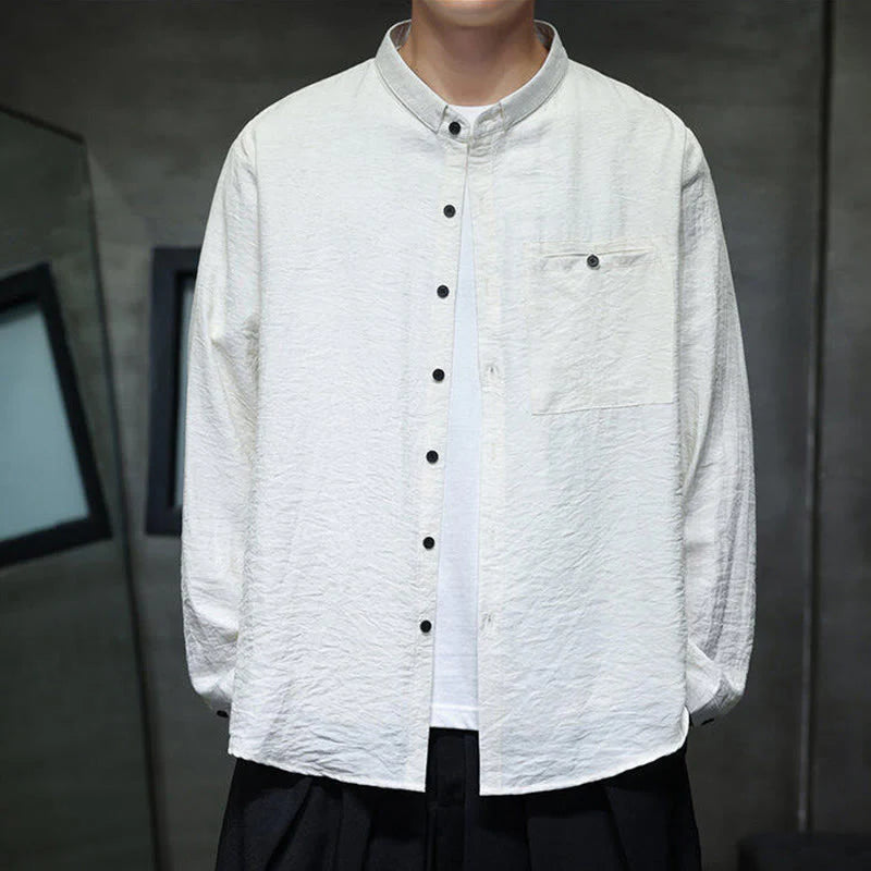 Buddha Stones Spring Men's Solid Color Buttons Design Long Sleeve Shirt