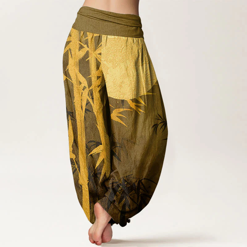 Buddha Stones Cotton Bamboo Leaves Full Moon Pattern Women's Elastic Waist Harem Pants