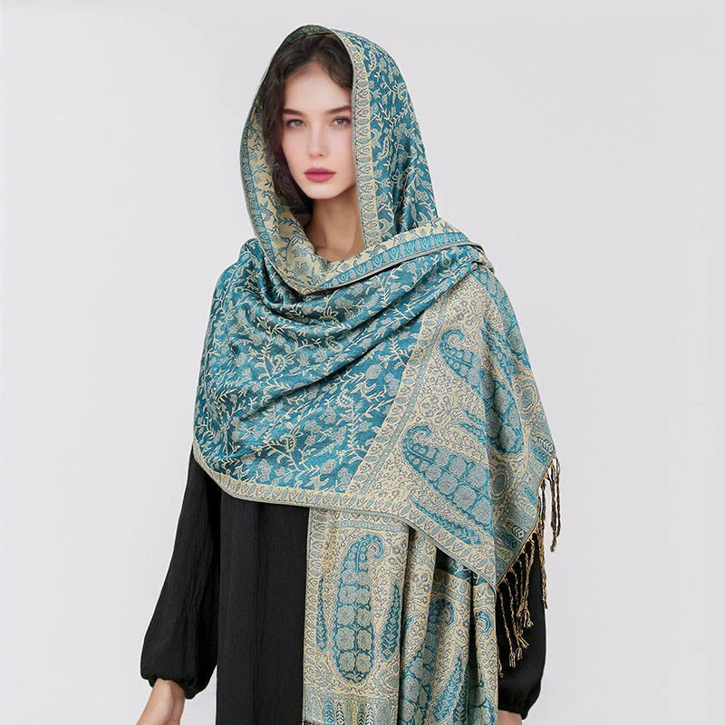 Buddha Stones Tibetan Jacquard Paisley Flower Pattern Color Contrast Design Tassel Cozy Scarf Shawl