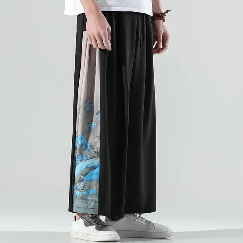 Buddha Stones Mountains Rivers Pattern Men's Wide Leg Pants With Pockets