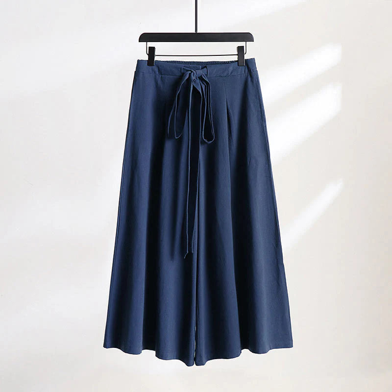 Buddha Stones Plain Lace-up Drawstring Design Men's Ankle-Length Cotton Linen Wide Leg Pants With Pockets