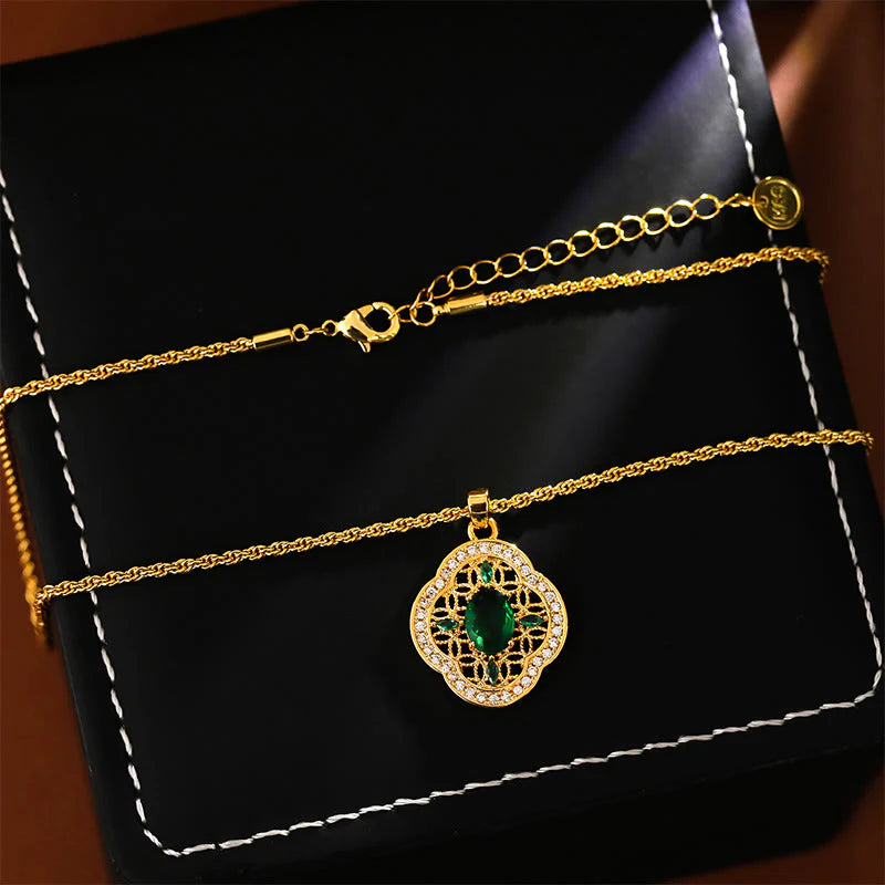 Buddha Stones Four Leaf Clover Hollow Design Copper Plated Gold Chain Luck Necklace Pendant