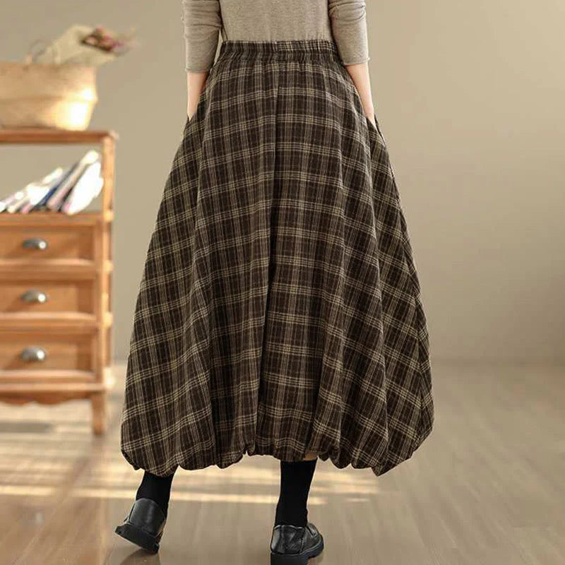 Buddha Stones Women's Plaid Pattern Cotton Skirt With Pockets