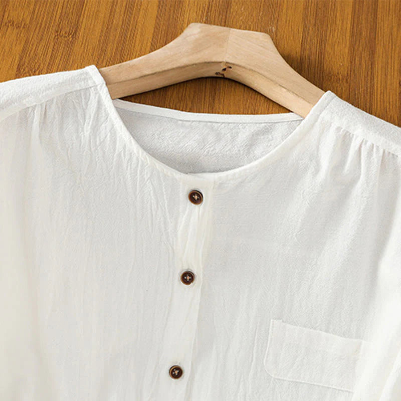 Buddha Stones Casual Plain Buttons Half Sleeve Women's Cotton Linen Shirt With Pocket
