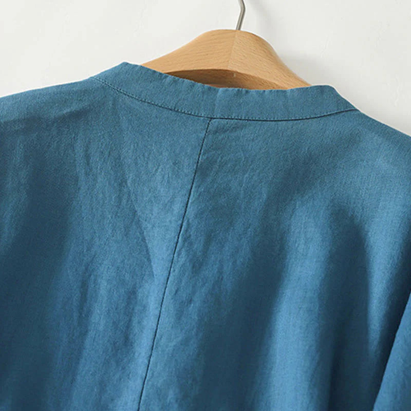 Buddha Stones Fall Solid Color Frog-Button Stand Collar Three Quarter Sleeve Mid-length Women's Cotton Shirt