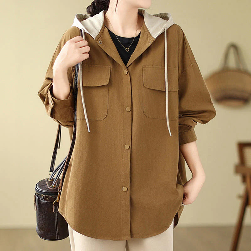 Buddha Stones Casual Commute Drawstring Hoodie Women's Cotton Linen Jacket With Pockets