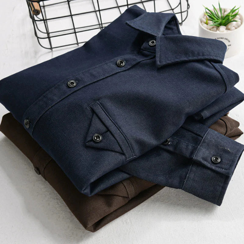 Buddha Stones Fall Solid Buttons Down Men's Stand Collar Long Sleeve Cotton Shirt