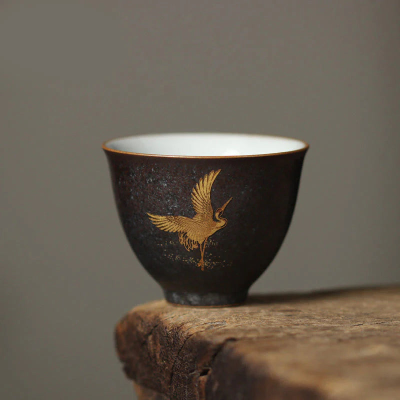 Buddha Stones Small Hand-painted Golden Crane Ceramic Teacup Kung Fu Tea Cup 40ml