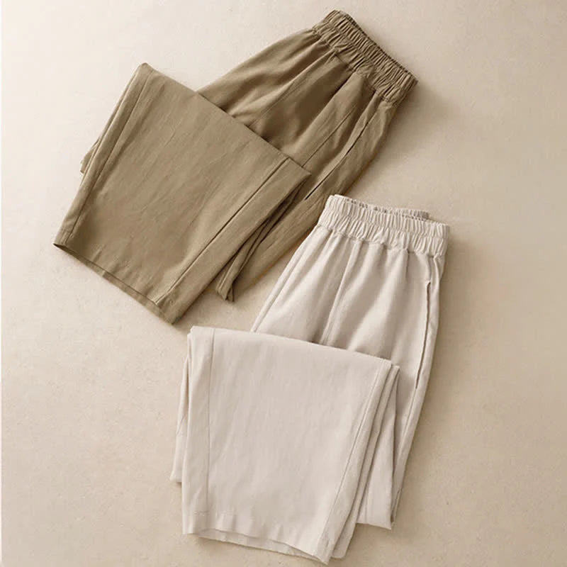 Buddha Stones Spring Solid Color Elastic Waist Cotton Women's Straight Leg Pants With Pockets