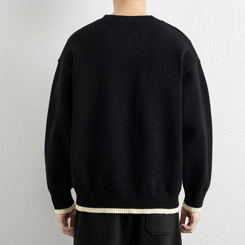 Buddha Stones Winter V-Neck One Button Design Warm Men's Long Sleeve Knitted Sweater