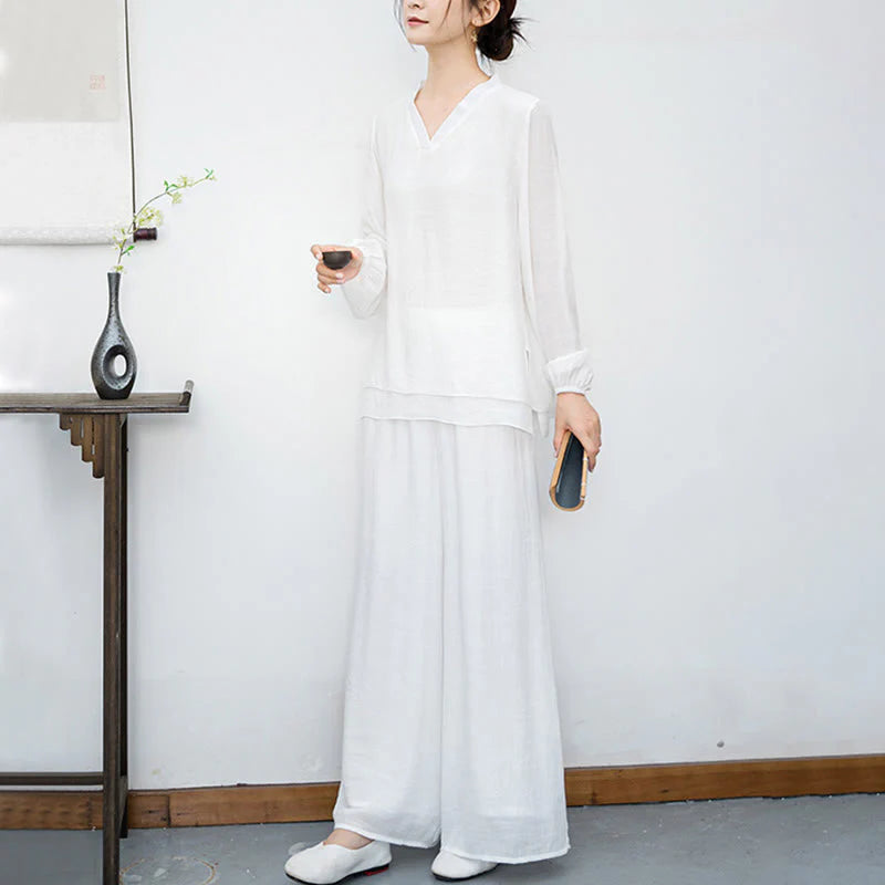 Buddha Stones 2Pcs White Long Sleeve V-Neck Shirt Wide Leg Pants Meditation Women's Set