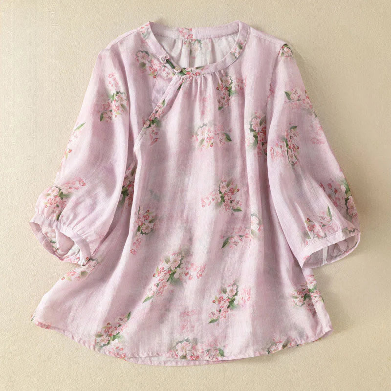 Buddha Stones Crew Neck Casual Frog-Button Floral Print Pattern Blouse Half Sleeve Women's Shirts