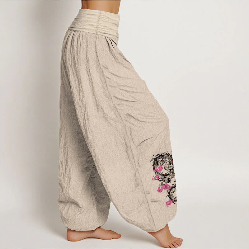 Buddha Stones Dragon Auspicious Clouds Flower Pattern Women's Elastic Waist Harem Cotton Pants