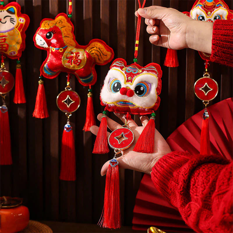Buddha Stones Embroidery Year Of The Horse Fu Character Copper Coin Shape Red String Hanging Decoration