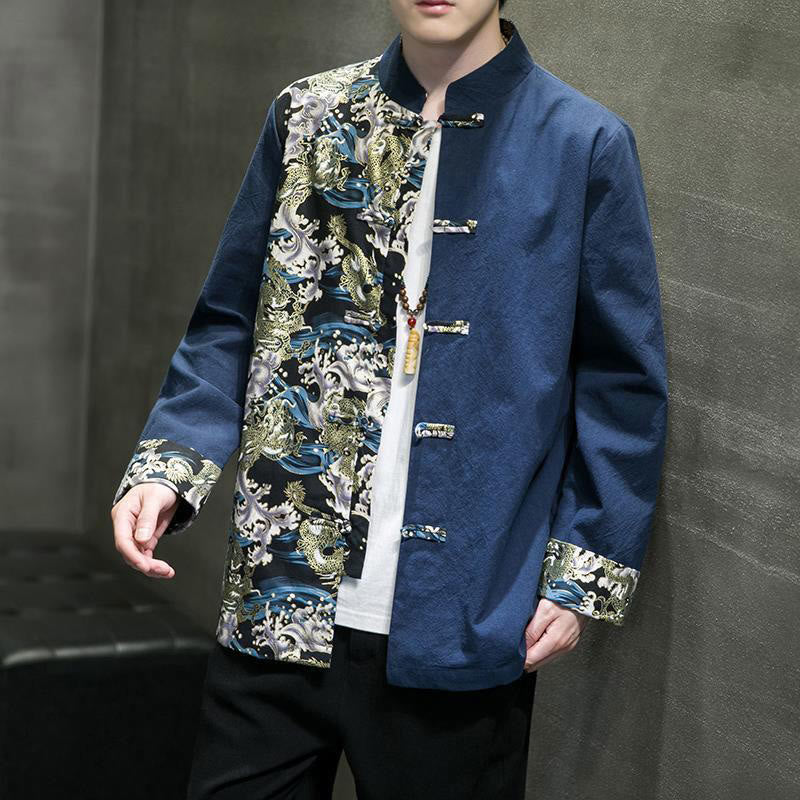 Buddha Stones Printed Color Contrast Dragon Pattern Frog-button Long Sleeve Men's Cotton Jacket