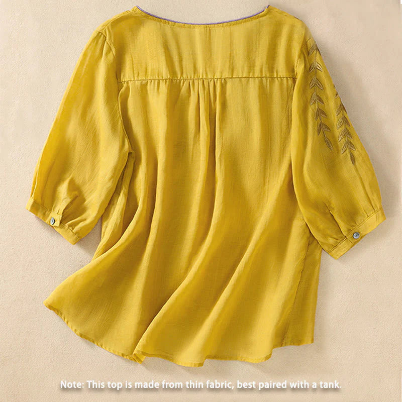 Buddha Stones Embroidery Leaves Women's Cotton Linen Half Sleeve T-shirt
