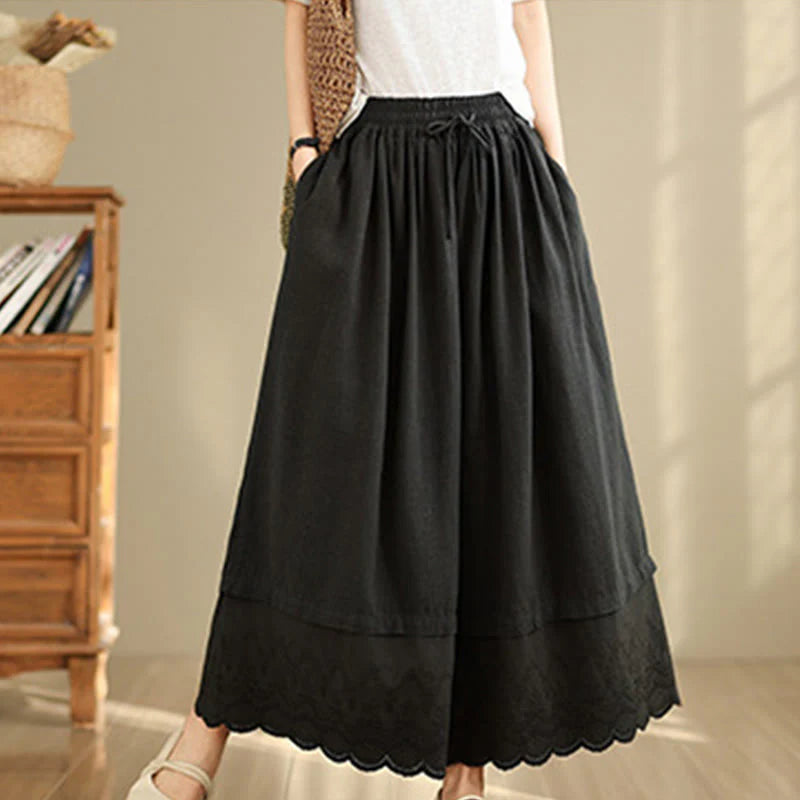 Buddha Stones Spring Embroidery Lace Hem Patchwork Drawstring Design Women's Wide Leg Cotton Pants With Pockets