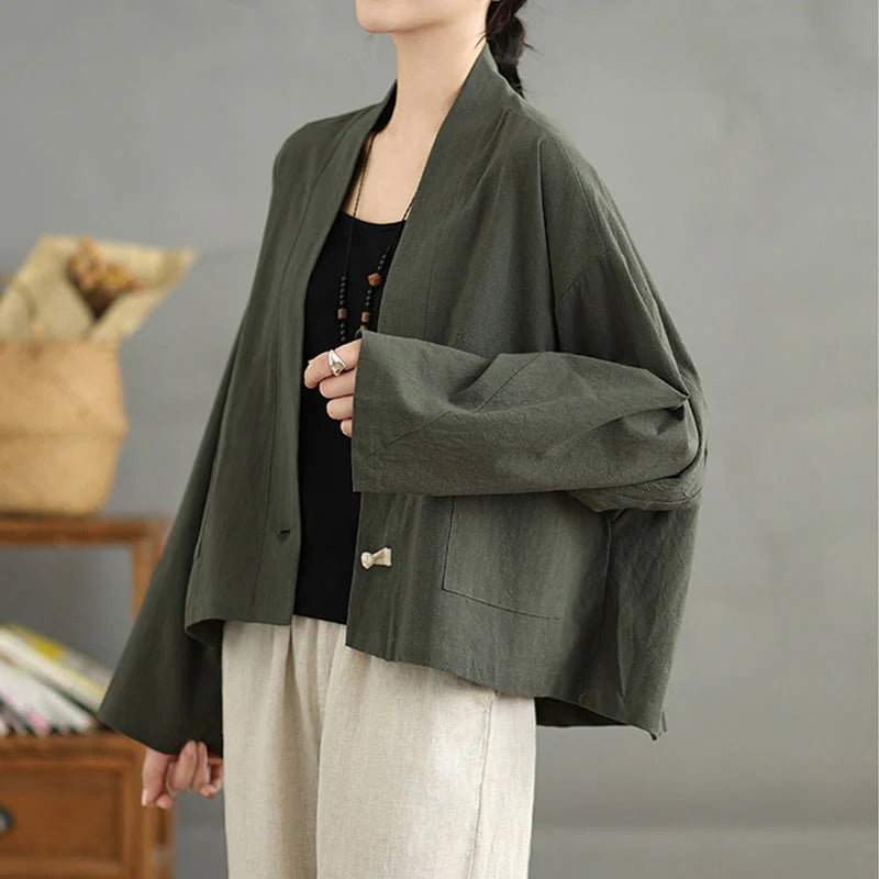 Buddha Stones Casual Vintage Plain Long Sleeve Open Front Cardigan Cotton Linen Jacket With Pockets