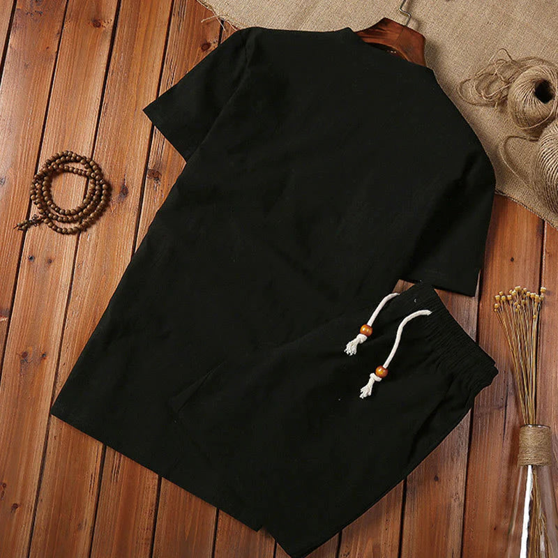 Buddha Stones 2Pcs Plain Notched Collar Short Sleeve T-Shirt Shorts With Pockets Cotton Linen Men's Meditation Cloth Set