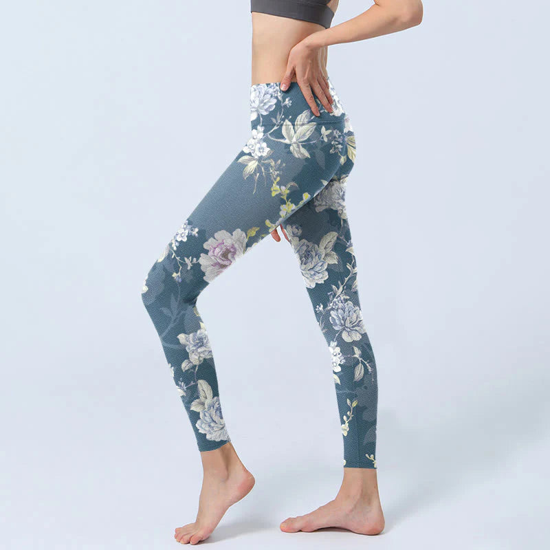 Buddha Stones Softly Colored Flower Leaf Pattern Print Gym Leggings Women's Yoga Pants