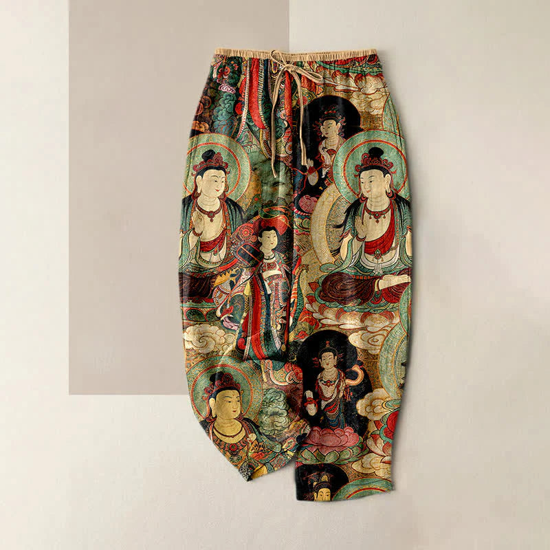 Buddha Stones Multiple Buddhas Pattern Elastic Waist Women's Pure Cotton Pants With Pockets