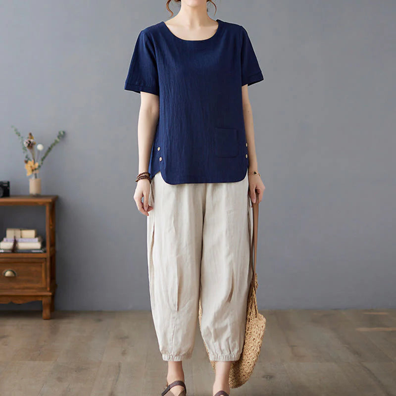Buddha Stones Side Slit Design Women's Cotton Linen Crew Neck Short Sleeve T-Shirt Wtih Pocket