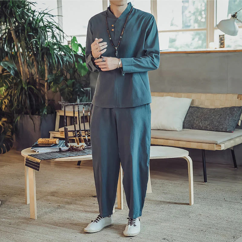 Buddha Stones 2Pcs Shirt Ankle-Length Pants With Pockets Men's Meditation Cloth Set