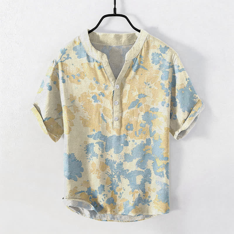Buddha Stones Cotton Watercolor Floral Henley Men's Short Sleeve Half Button Shirt