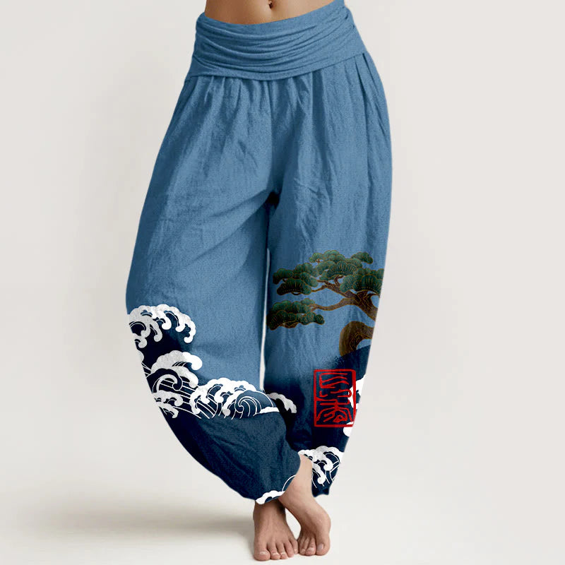 Buddha Stones Print Pure Cotton Pine Tree Rolling Waves Pattern Women's Elastic Waist Harem Pants