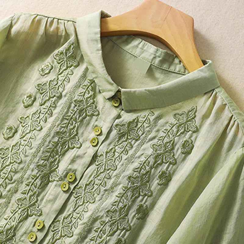 Buddha Stones Summer Plain Button Embroidery Flower Pattern Three Quarter Sleeve Lapel Cotton Linen Women's Shirt