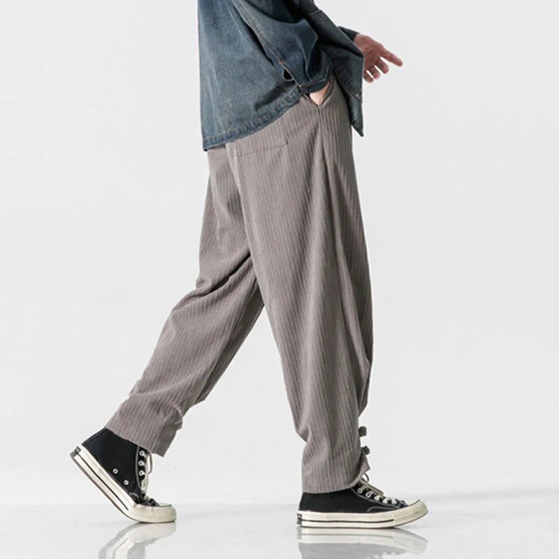 Buddha Stones Fall Winter Men's Pure Color Button Design Cotton Straight Leg Pants With Pockets