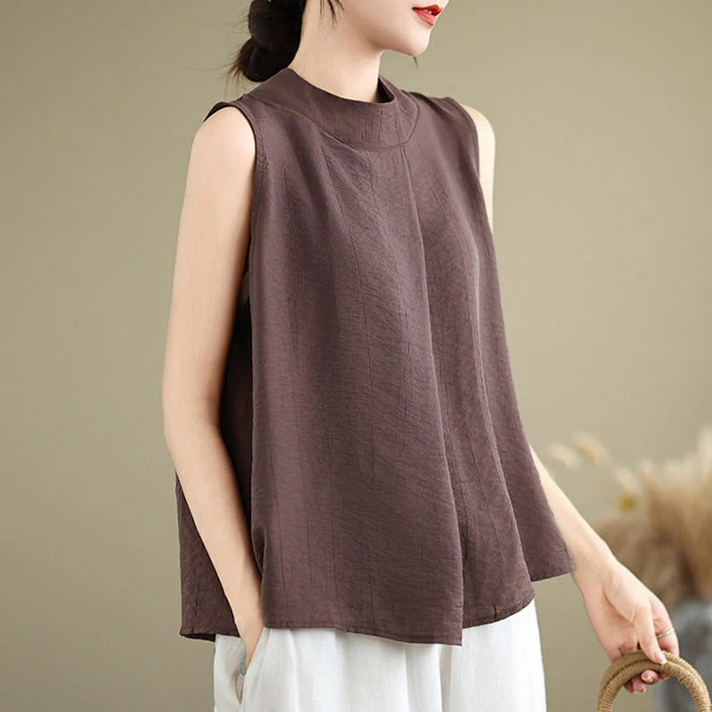 Buddha Stones Casual Plain Back Buttom Design Stand Collar Cotton Linen Women's Sleeveless Vest
