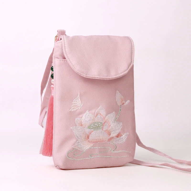 Buddha Stones Small Embroidered Flowers Crossbody Bag Shoulder Bag Double Layer Cellphone Bag