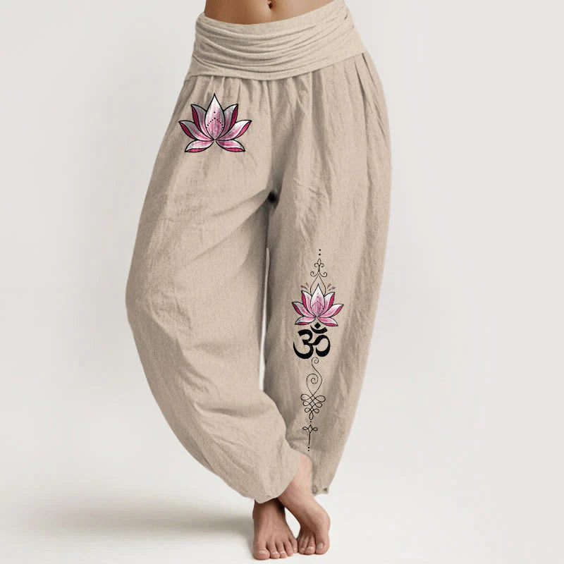 Buddha Stones Cotton Pink Lotus OM Pattern Women's Elastic Waist Harem Pants