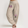 Buddha Stones Cotton Pink Lotus OM Pattern Women's Elastic Waist Harem Pants