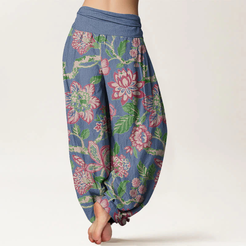 Buddha Stones Pure Cotton Bold Colors Flowers Leaves Branches Bird Pattern Women's Elastic Waist Harem Pants