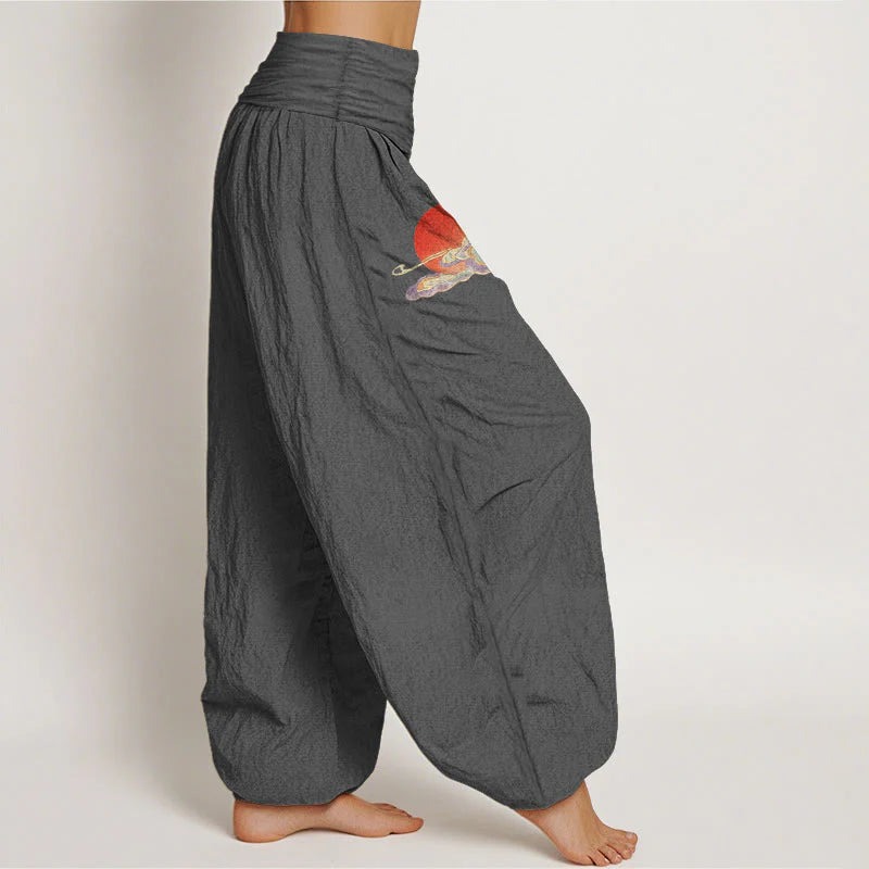 Buddha Stones Pure Cotton Concise Sun Cloud Crane Pine Tree Pattern Women's Elastic Waist Harem Pants