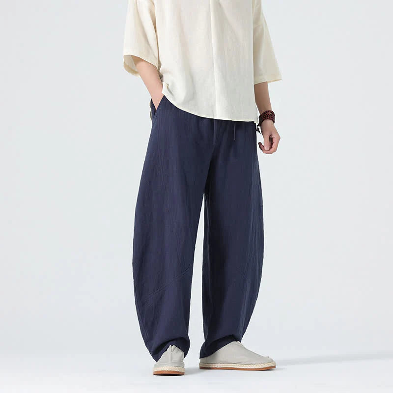 Buddha Stones Spring Pure Color Men's Cotton Drawstring Pants With Pockets