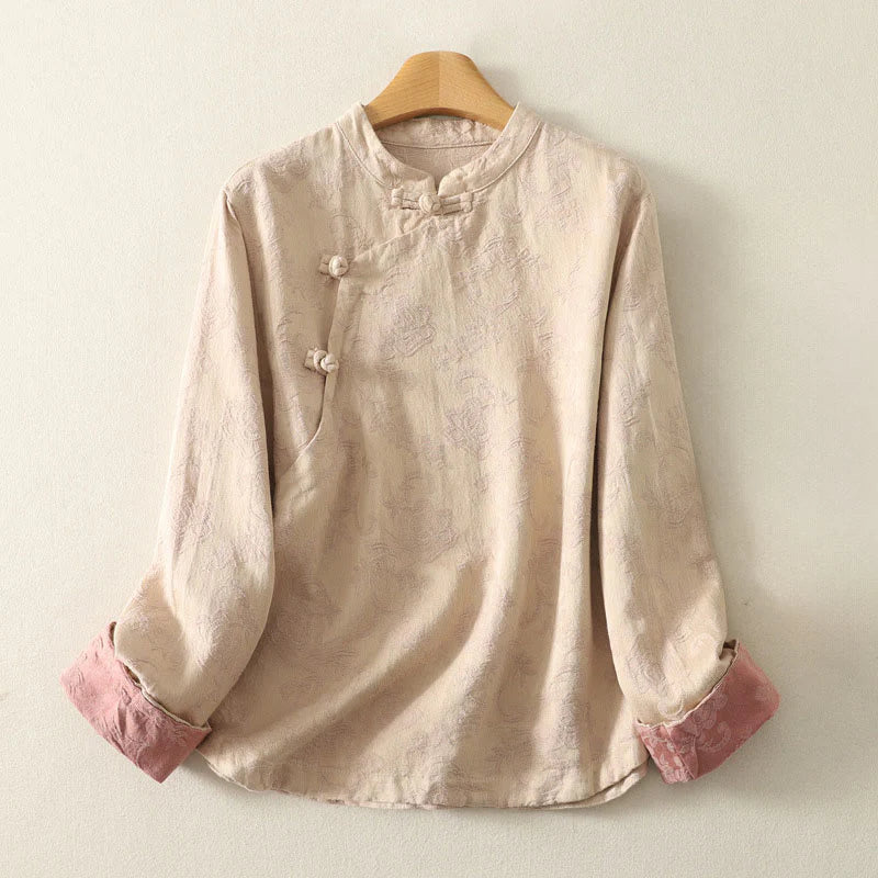 Buddha Stones Spring Plain Jacquard Design Women's Cotton Zen Long Sleeve Shirt