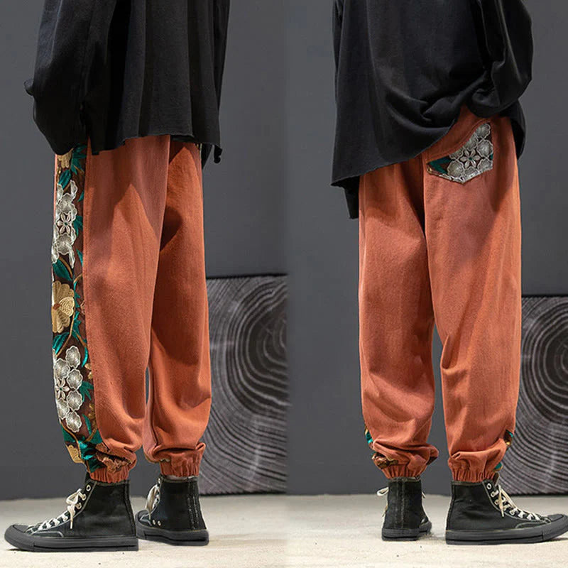 Buddha Stones Spring Men's Embroidered Flower Pattern Patchwork Cotton Pants With Pockets