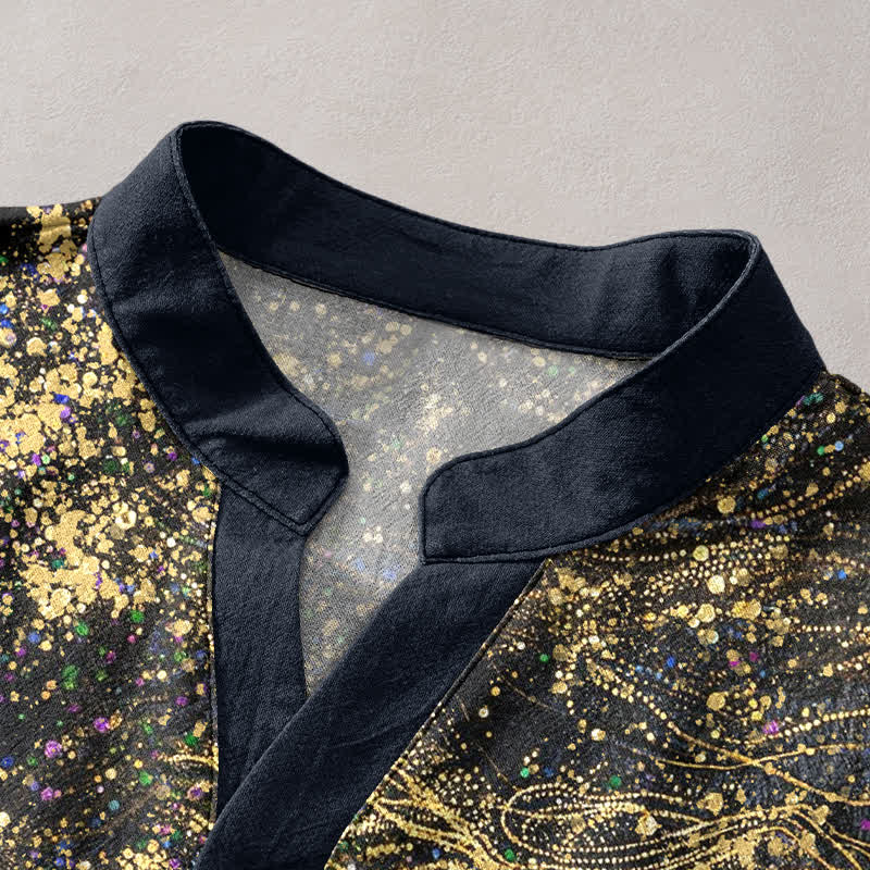 Buddha Stones Cotton Splatter Dye Galaxy-Inspired Henley Men's Short Sleeve Half Button Shirt