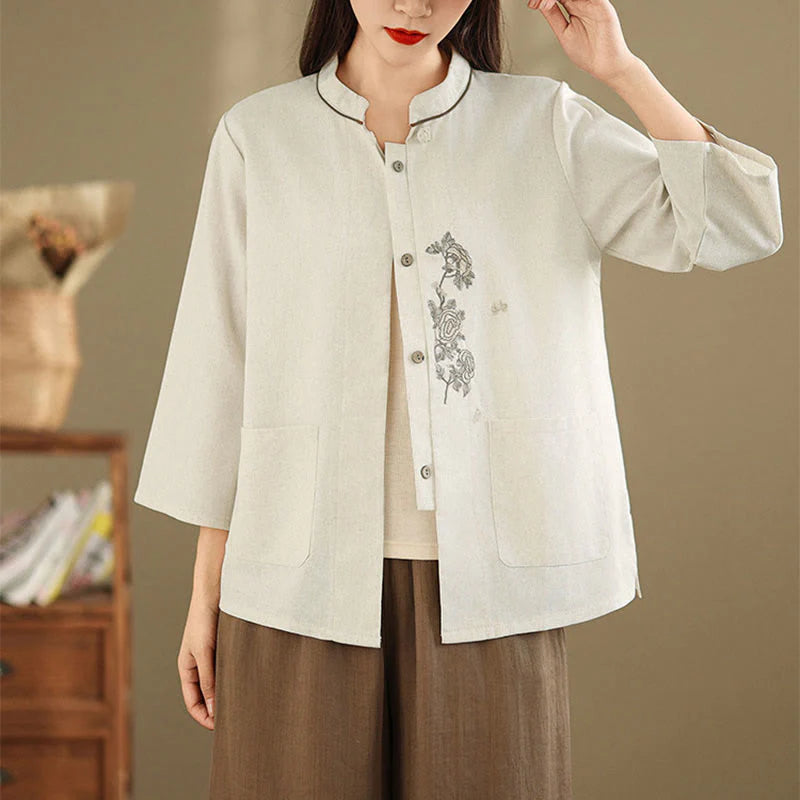 Buddha Stones Commute Embroidery Floral Pattern Three Quarter Sleeve Women's Cotton Shirt With Pockets