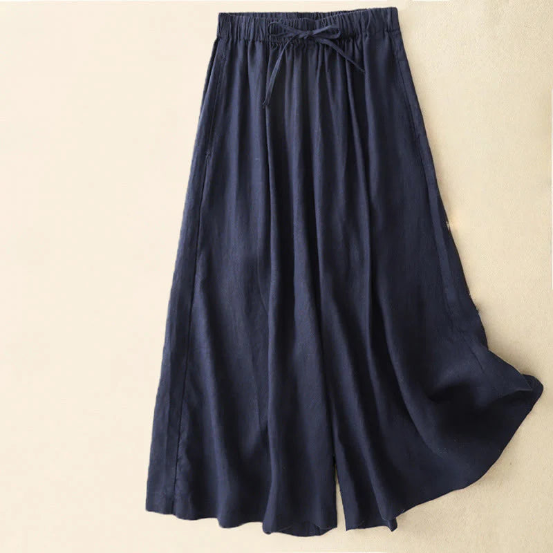 Buddha Stones Summer Elastic Waist Women's Capri Cropped Wide Leg Pants With Pockets