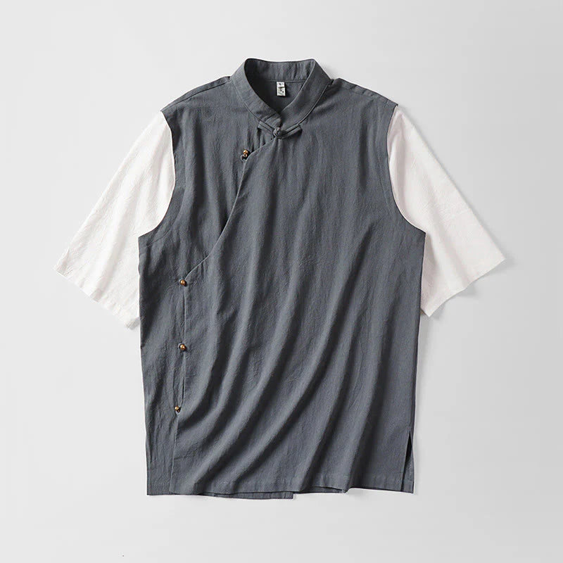 Buddha Stones Summer 2 In 1 Stripes Stand Collar Short Sleeve Frog-Button Men's Cotton Shirt