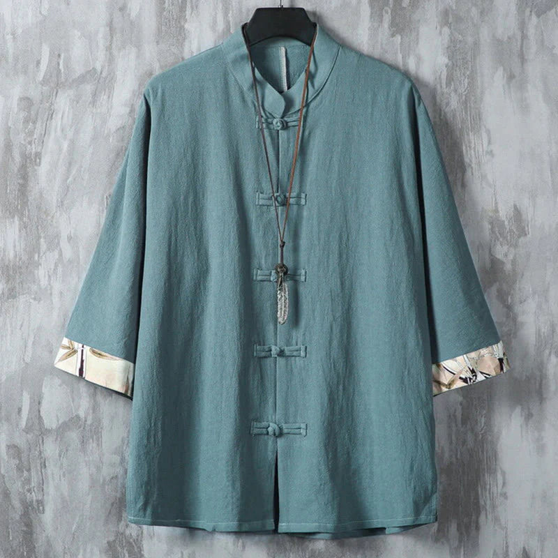 Buddha Stones Summer Frog-button Patchwork Half Sleeve Design Cotton Linen Men's Shirt Jacket