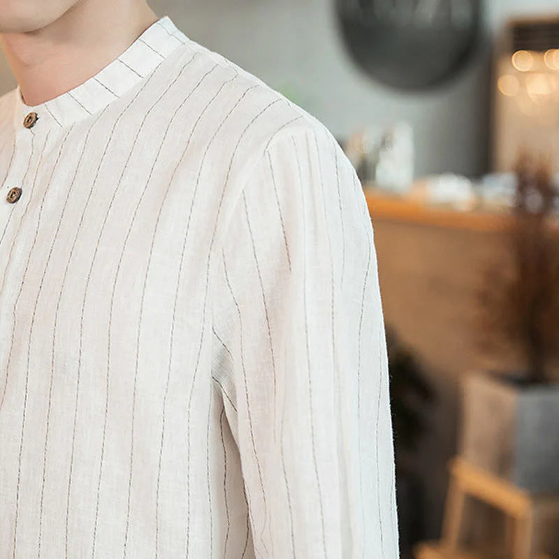 Buddha Stones Plaid Half Buttons Stand Collar Three Quarter Sleeve Cotton Men's Shirt