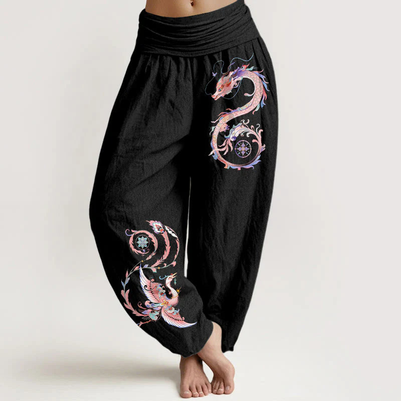 Buddha Stones Cotton Flying Dragon Phoenix Pattern Women's Elastic Waist Harem Pants