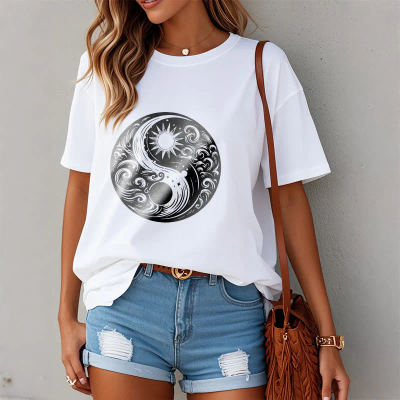 Buddha Stones Sun Moon Waves Yin Yang Pattern Cotton Tee T-shirt