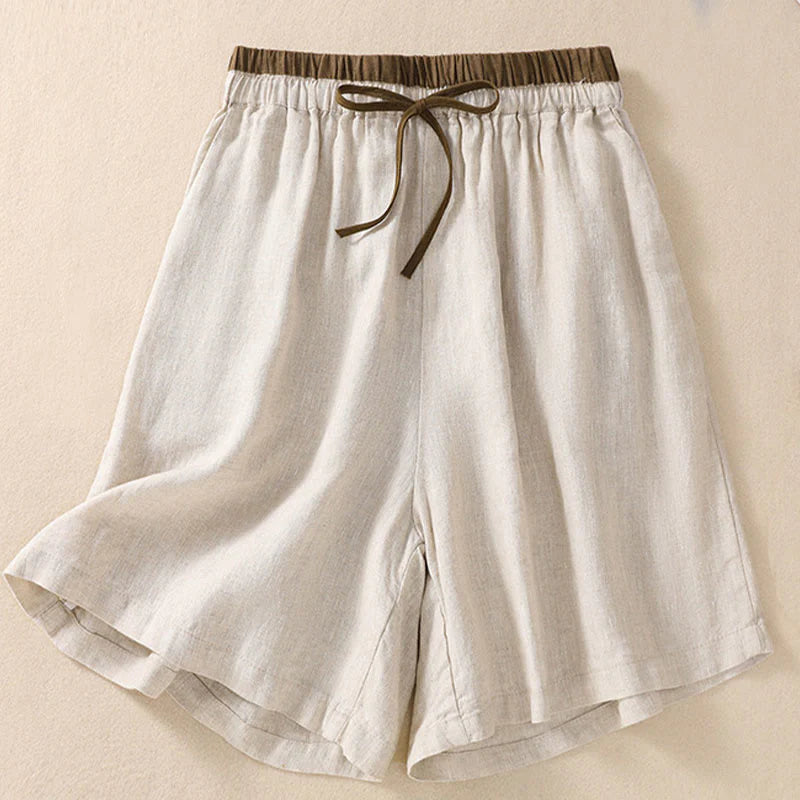 Buddha Stones Solid Color Contrast Color Waist Lace-up Cotton Linen Women's Shorts With Pockets